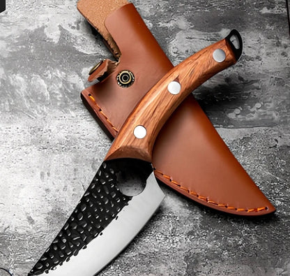 Stainless steel boning knife with rosewood handle and optional leather holster for chopping meat and filleting fish