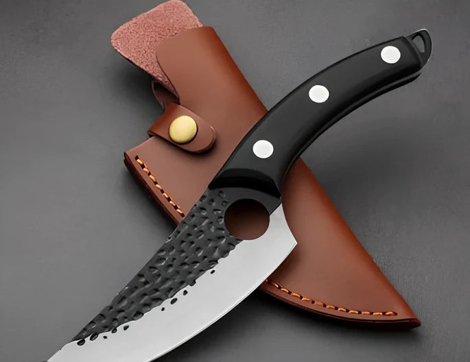 Stainless steel boning knife with rosewood handle and optional leather holster for chopping meat and filleting fish