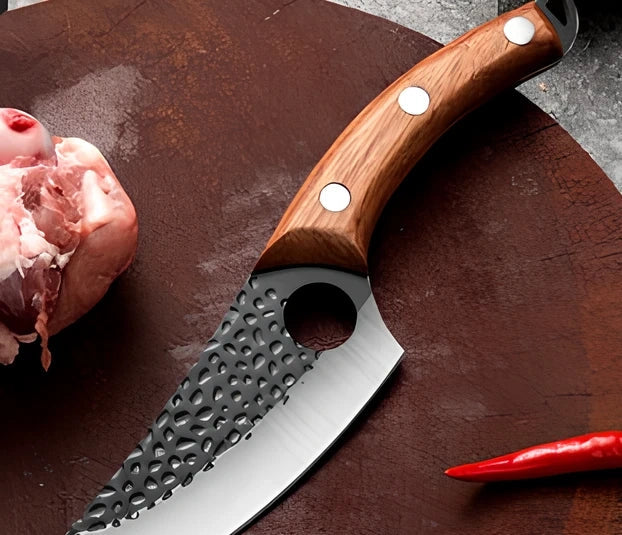 Stainless steel boning knife with rosewood handle and optional leather holster for chopping meat and filleting fish