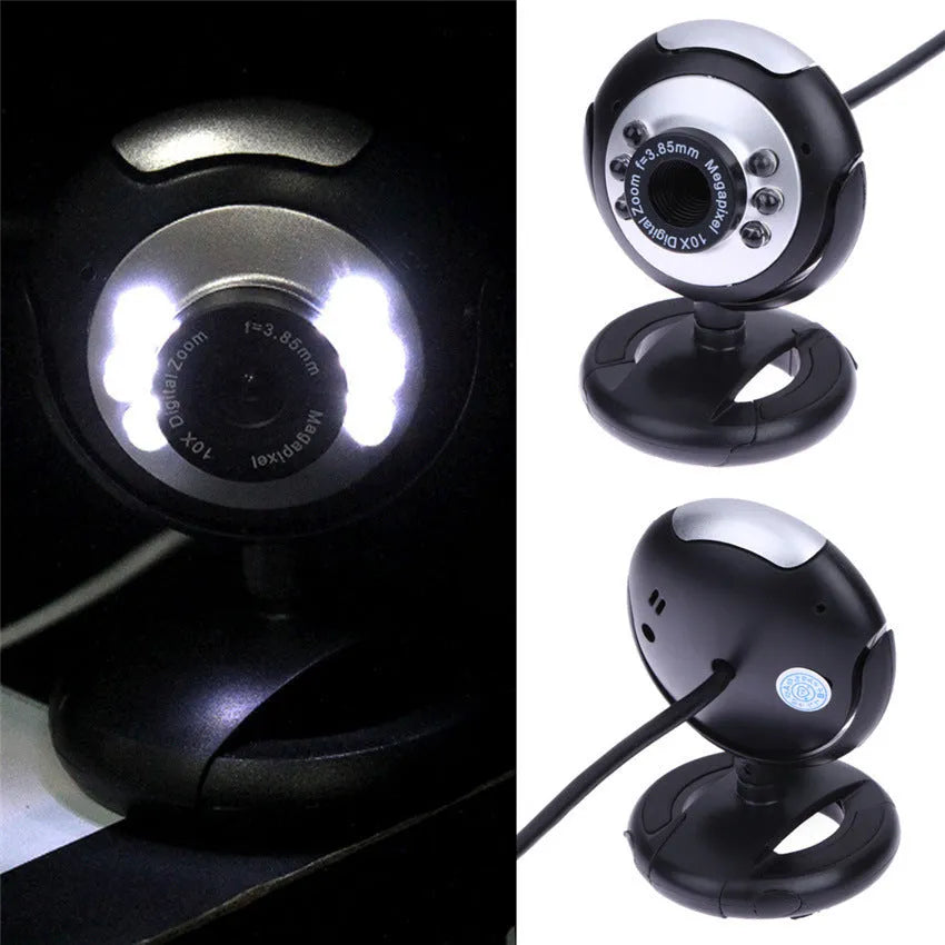 USB webcam with six white LED lights and manual focus for video calls on computer