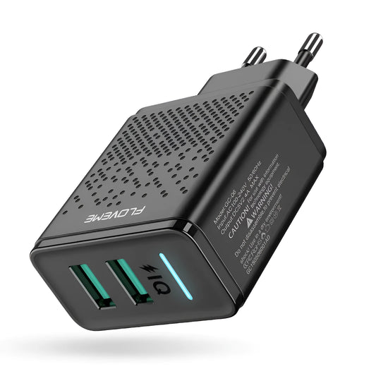 Dual port USB wall charger with EU plug in black and white colour options