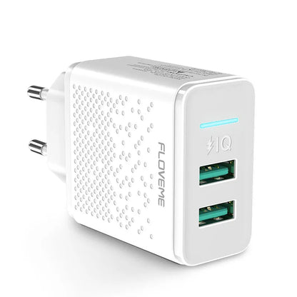 Dual port USB wall charger with EU plug in black and white colour options