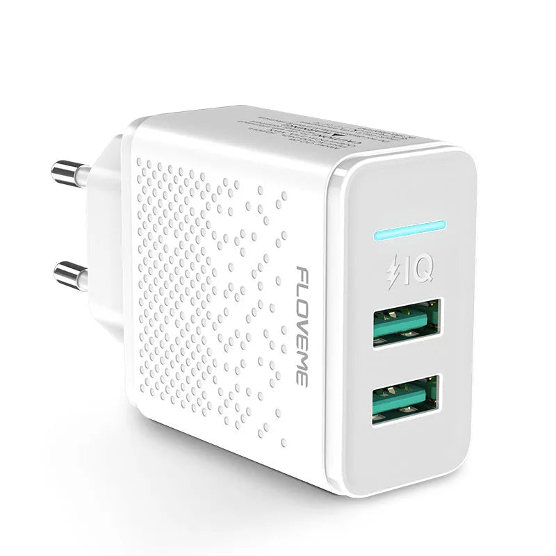 Dual port USB wall charger with EU plug in black and white colour options