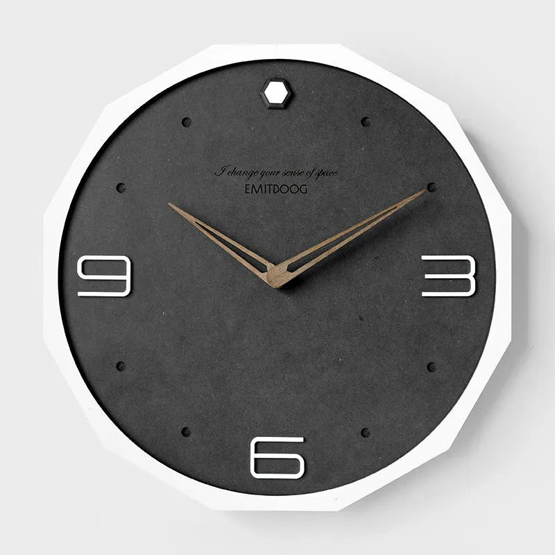 12 inch round Nordic style wall clock with perforated design in walnut and white finish