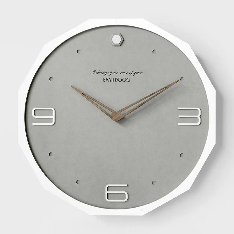 12 inch round Nordic style wall clock with perforated design in walnut and white finish