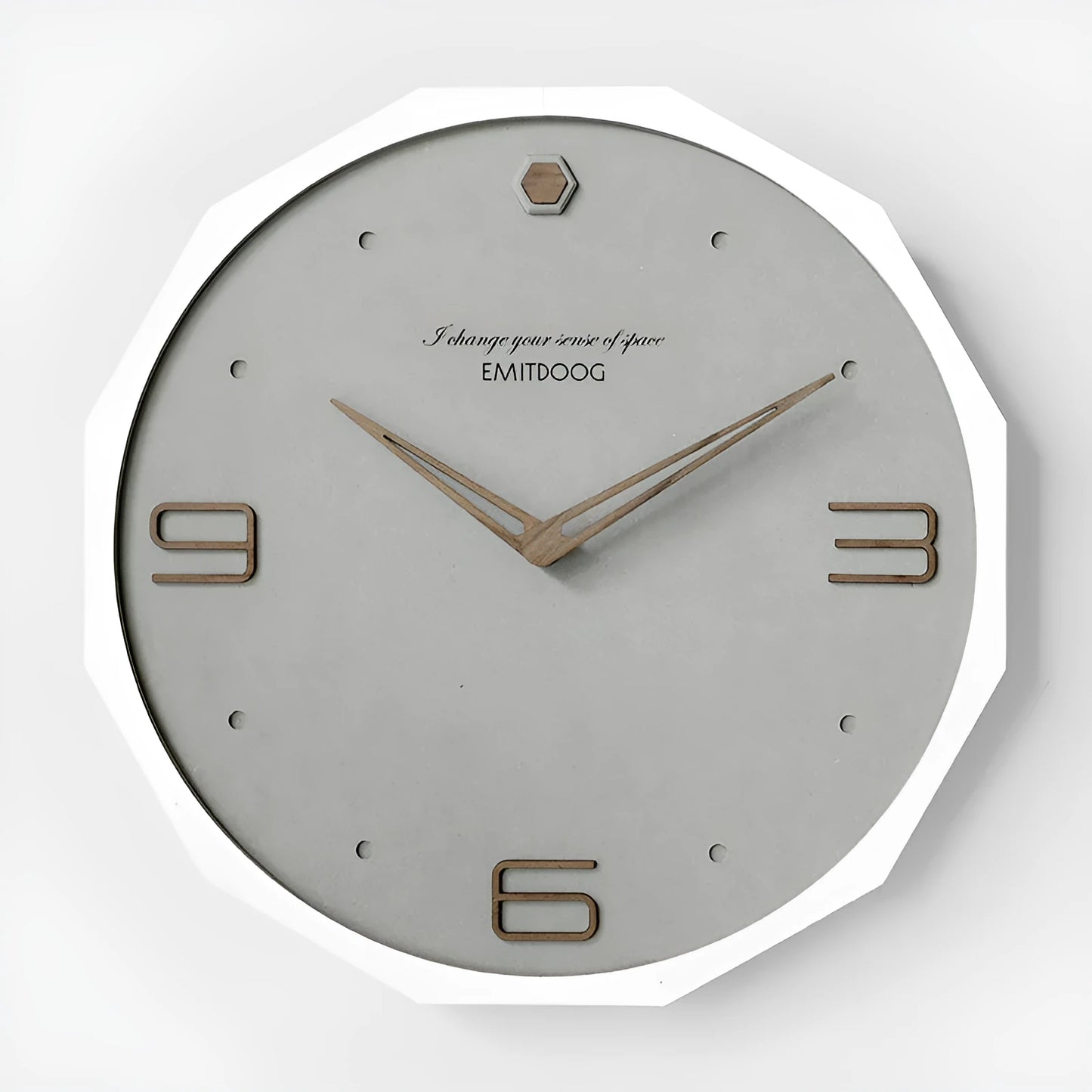 12 inch round Nordic style wall clock with perforated design in walnut and white finish