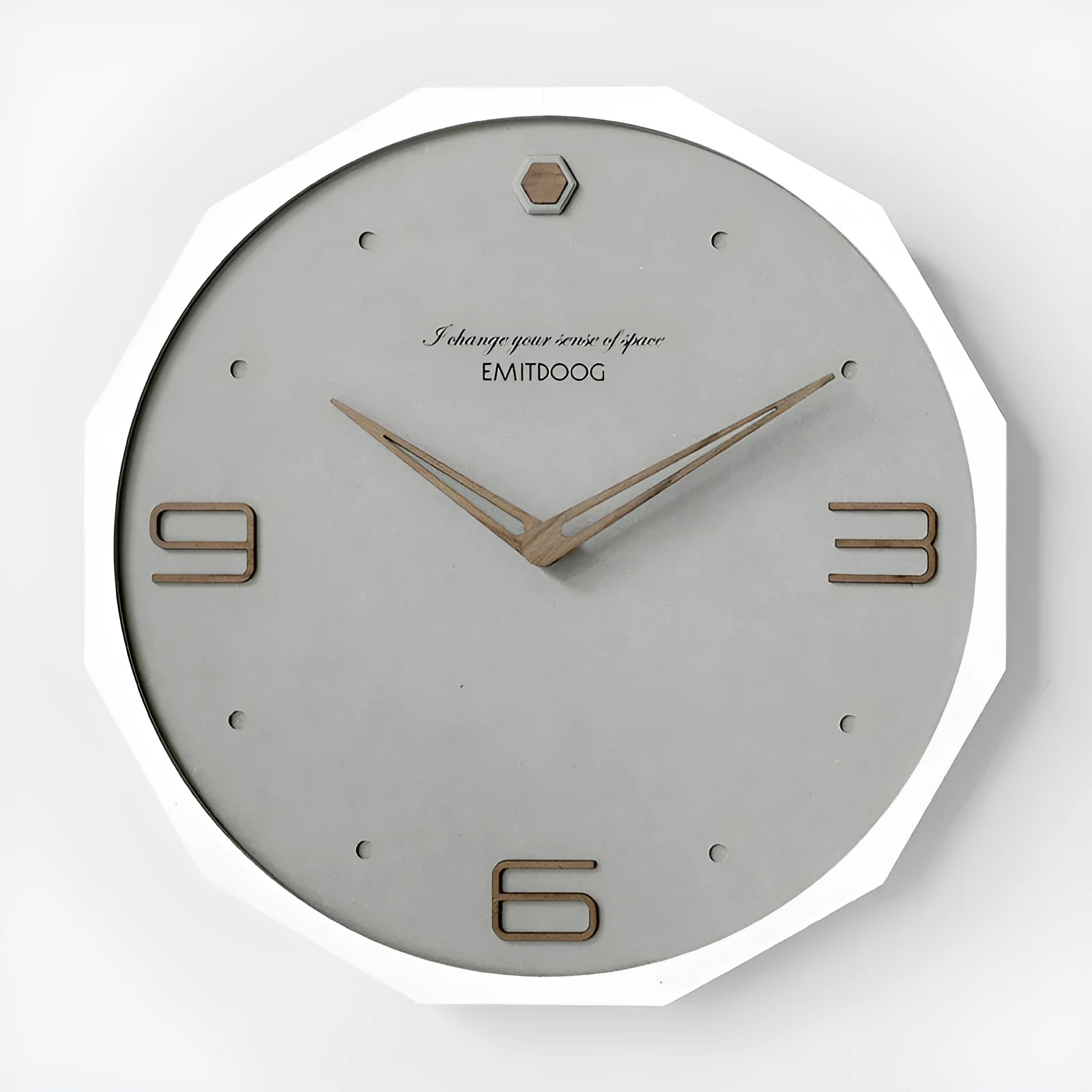 12 inch round Nordic style wall clock with perforated design in walnut and white finish