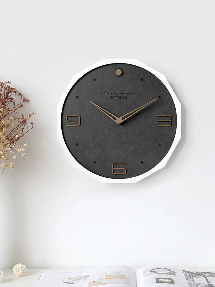 12 inch round Nordic style wall clock with perforated design in walnut and white finish