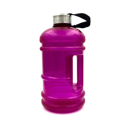 2-litre sports bottle in navy blue with white lid and ribbon connection, showing 13cm diameter and 27cm height dimensions