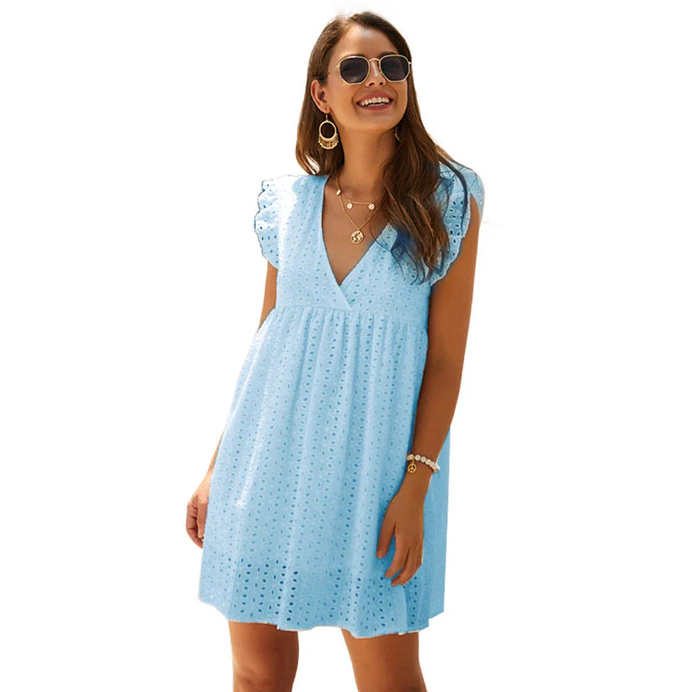 Elegant V-neck cotton dress with lotus leaf sleeves in a variety of colors