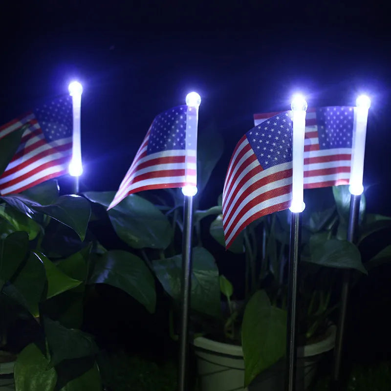 Solar LED flag light for garden decoration with American flag design on waterproof fabric
