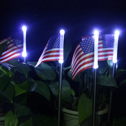 Solar LED flag light for garden decoration with American flag design on waterproof fabric