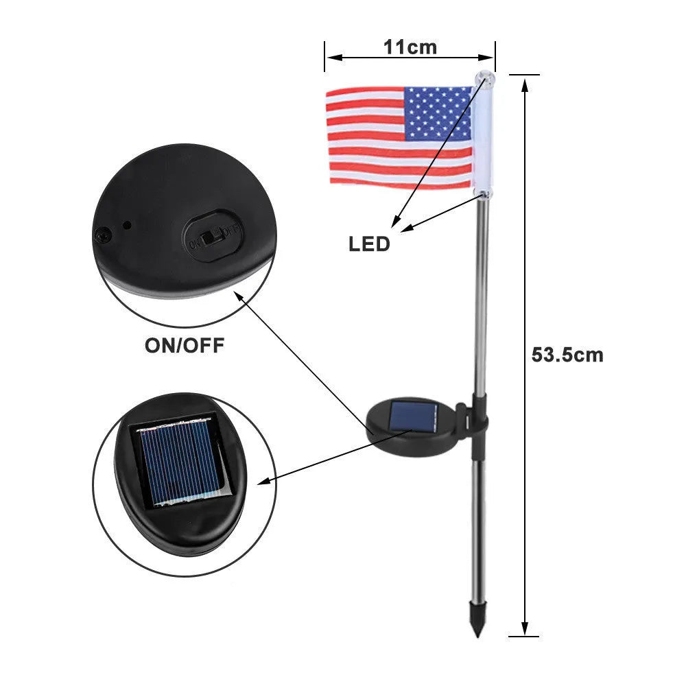 Solar LED flag light for garden decoration with American flag design on waterproof fabric