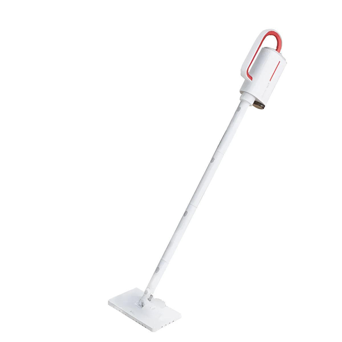 White Deerma handheld steam cleaner with multiple brush heads and extension tubes on a table