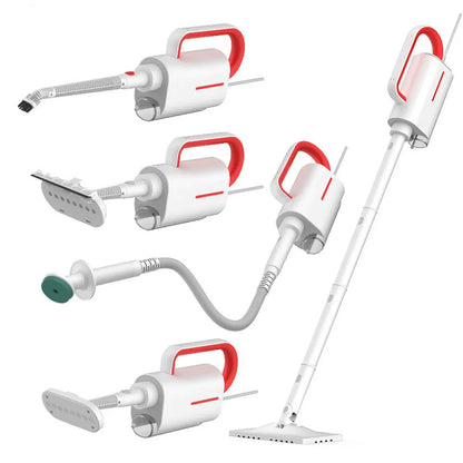 White Deerma handheld steam cleaner with multiple brush heads and extension tubes on a table