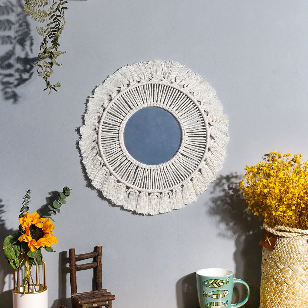Hand-woven boho round wall mirror with cotton thread and wooden beads