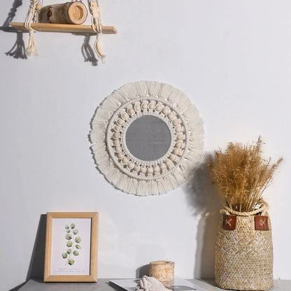 Hand-woven boho round wall mirror with cotton thread and wooden beads