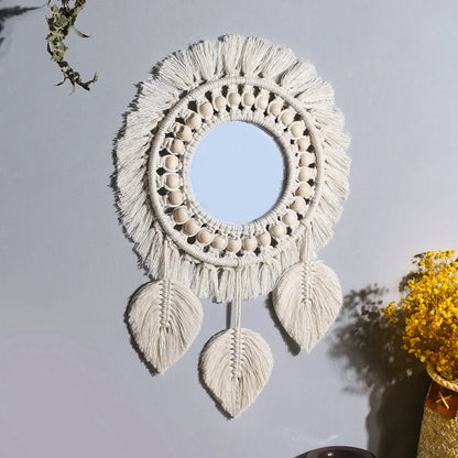 Hand-woven boho round wall mirror with cotton thread and wooden beads