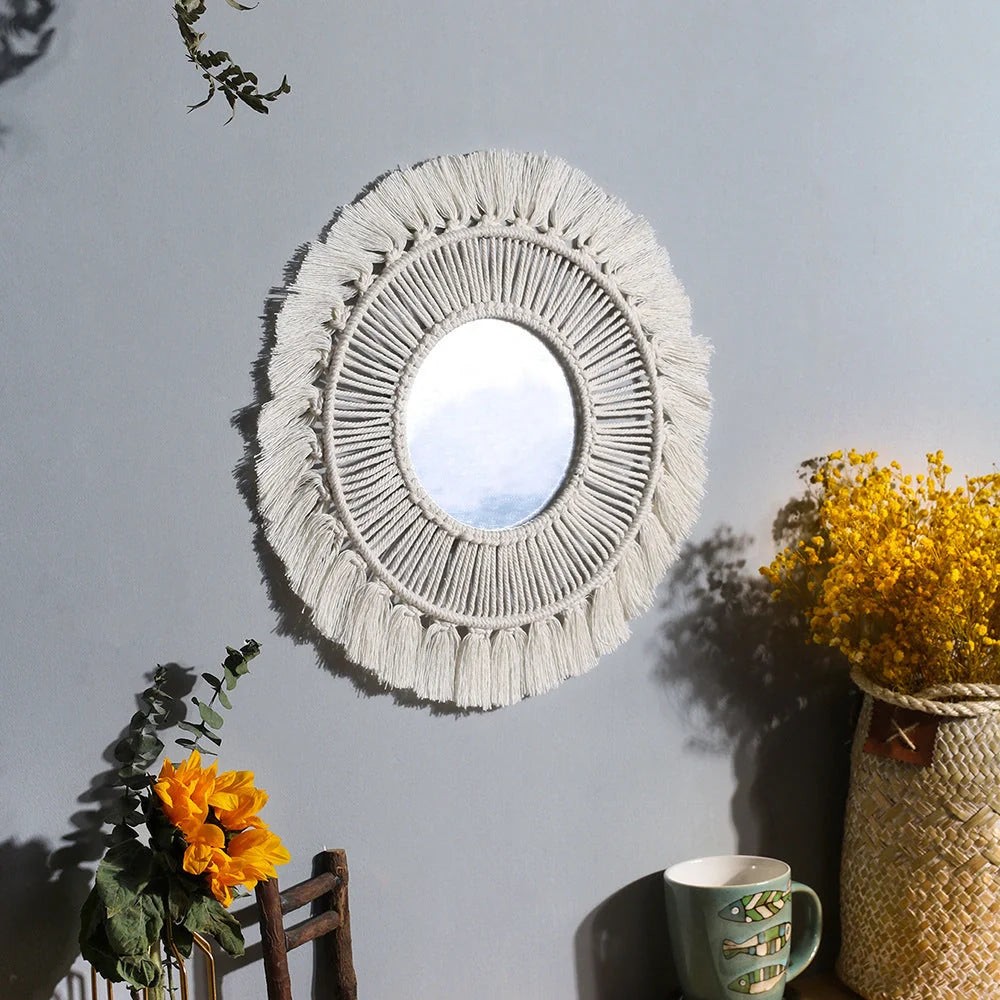 Hand-woven boho round wall mirror with cotton thread and wooden beads