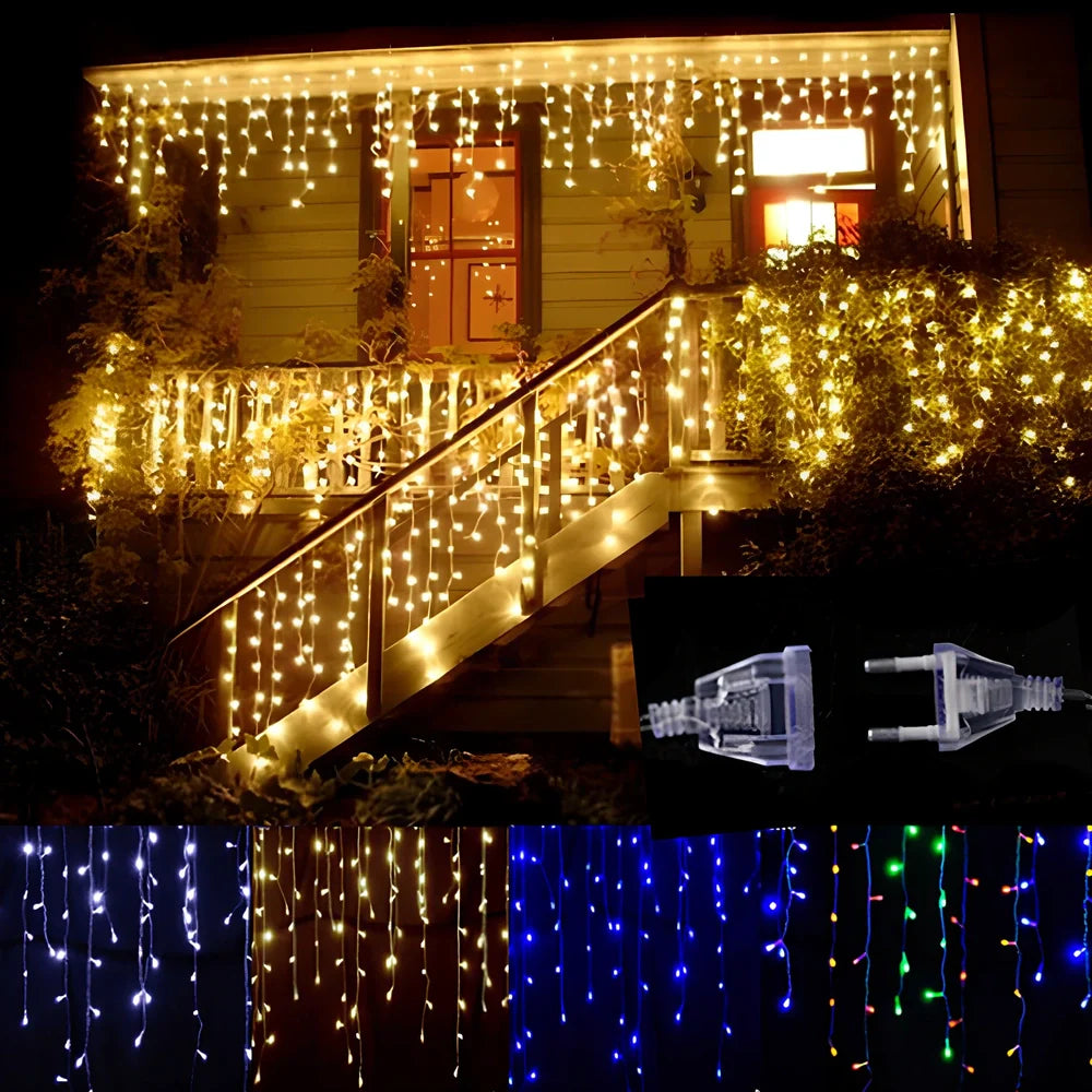 LED icicle light string with 96 warm white bulbs and cascading 0.4-0.6 metre drops