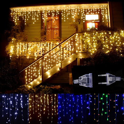 LED icicle light string with 96 warm white bulbs and cascading 0.4-0.6 metre drops