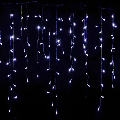 LED icicle light string with 96 warm white bulbs and cascading 0.4-0.6 metre drops