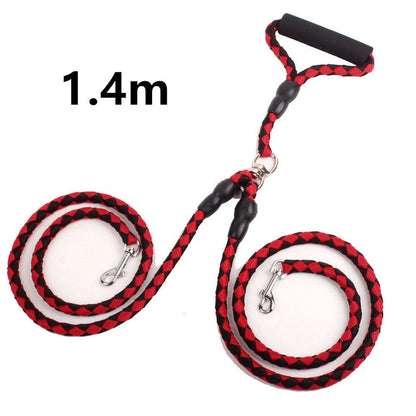 Double-ended dog walking rope with padded handles and reflective threads, showing metal clip hooks