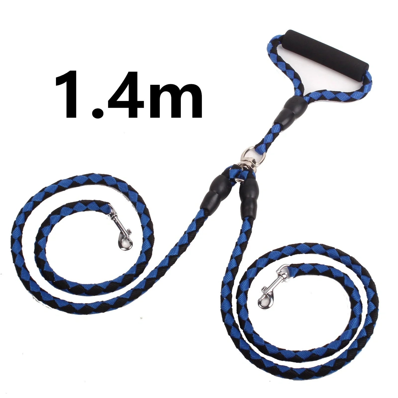 Double-ended dog walking rope with padded handles and reflective threads, showing metal clip hooks