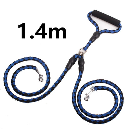 Double-ended dog walking rope with padded handles and reflective threads, showing metal clip hooks