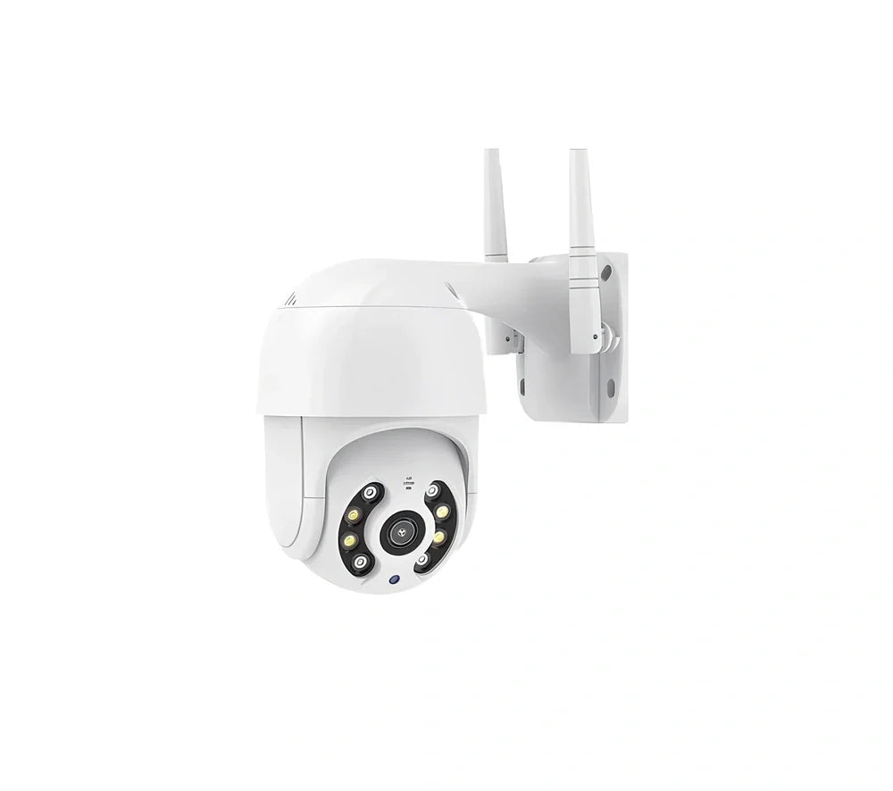 White wireless PTZ surveillance camera with dual antennas and rotational base for 270-degree coverage