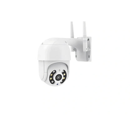White wireless PTZ surveillance camera with dual antennas and rotational base for 270-degree coverage