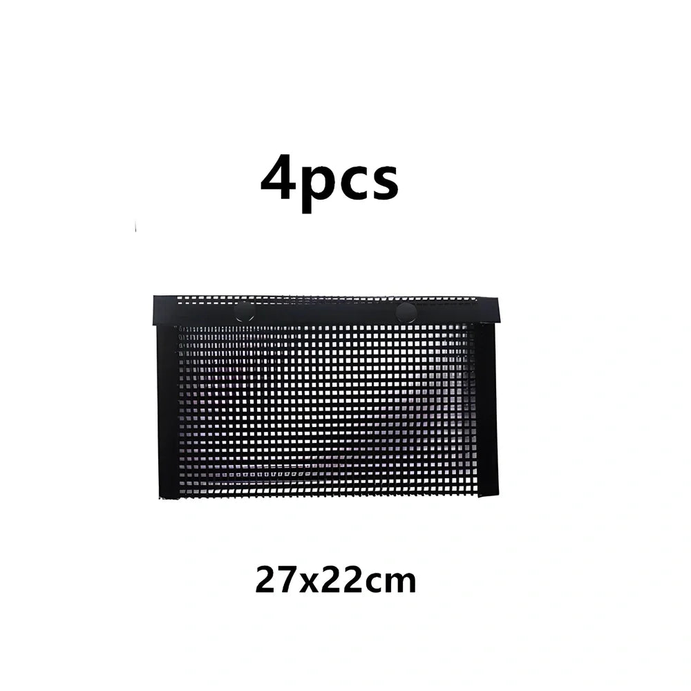 Black grill mesh bag with non-stick grid mat on barbecue, showing smoke circulation through mesh design