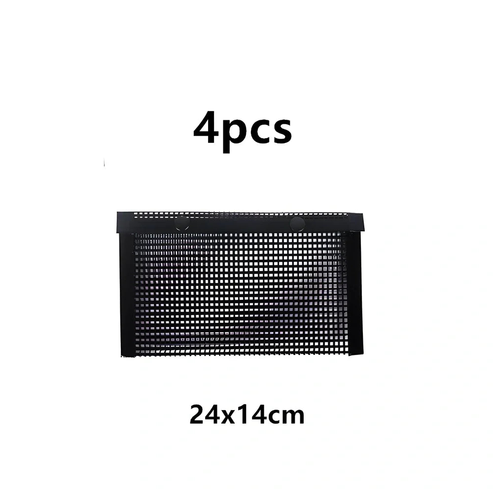 Black grill mesh bag with non-stick grid mat on barbecue, showing smoke circulation through mesh design