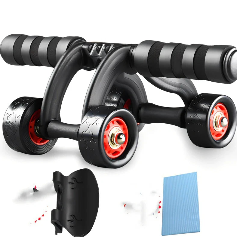 Four-wheel abdomen training wheel in black 1style with kneeling pad, steel frame supports 100kg for stable core exercises