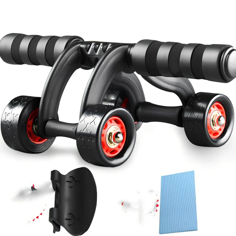 Four-wheel abdomen training wheel in black 1style with kneeling pad, steel frame supports 100kg for stable core exercises