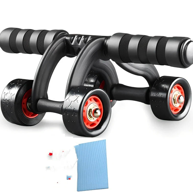 Four-wheel abdomen training wheel in black 1style with kneeling pad, steel frame supports 100kg for stable core exercises