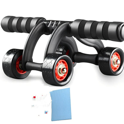 Four-wheel abdomen training wheel in black 1style with kneeling pad, steel frame supports 100kg for stable core exercises