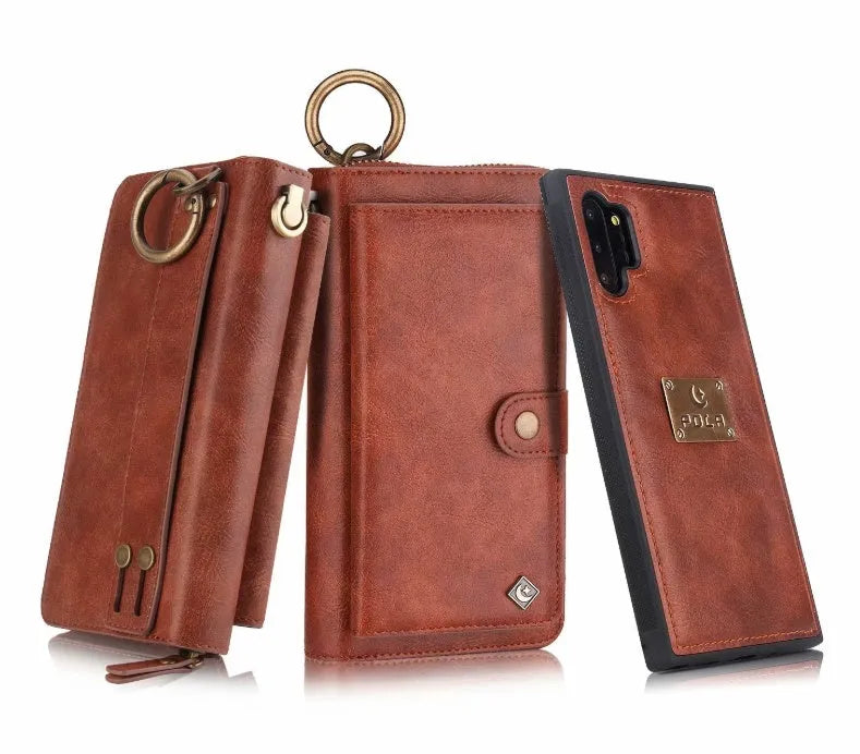 Black PU leather zipper wallet case open next to a Samsung Galaxy phone.
