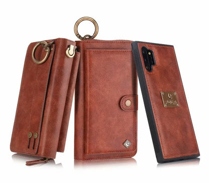 Black PU leather zipper wallet case open next to a Samsung Galaxy phone.