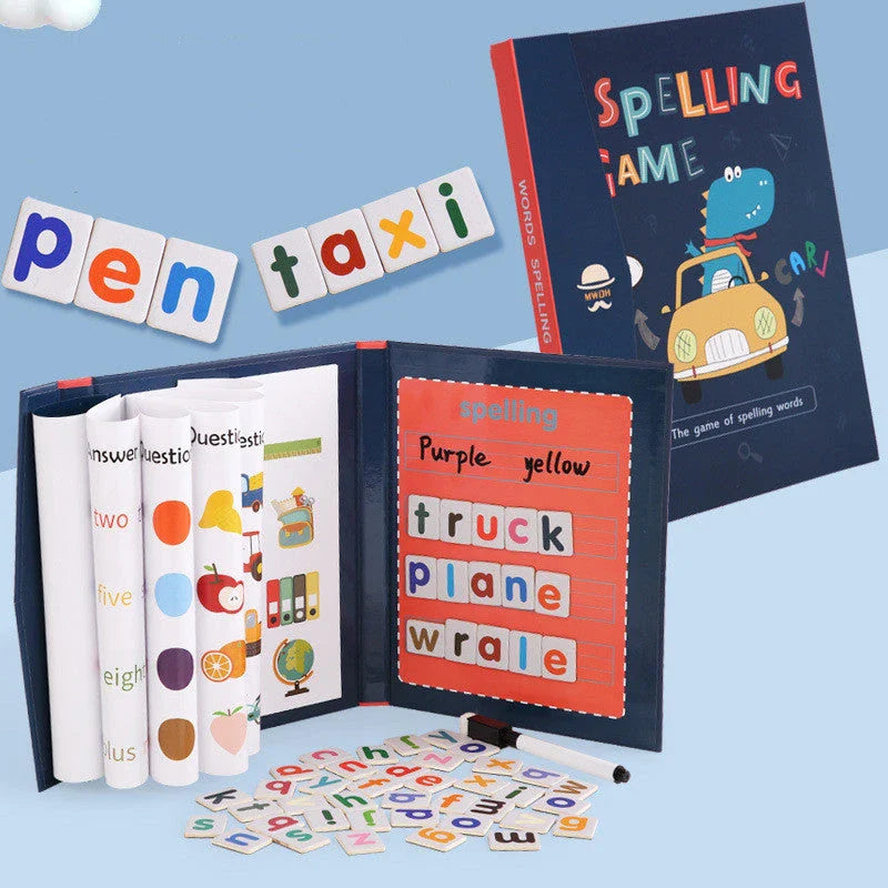 Magnetic spelling and letter learning kit with wooden construction and colorful magnetic pieces for young students