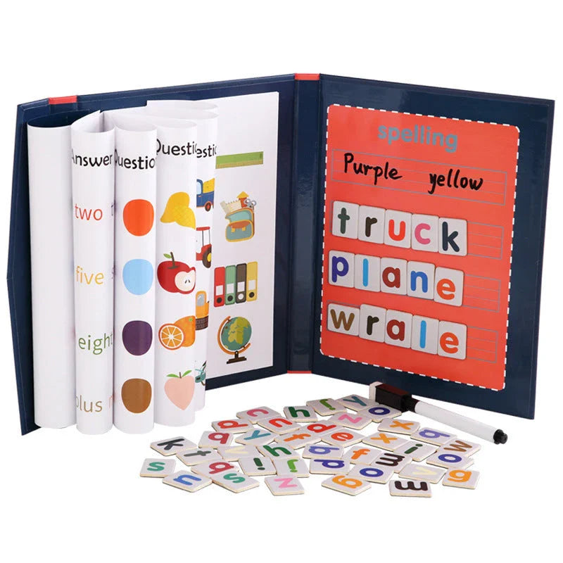 Magnetic spelling and letter learning kit with wooden construction and colorful magnetic pieces for young students