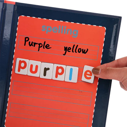 Magnetic spelling and letter learning kit with wooden construction and colorful magnetic pieces for young students