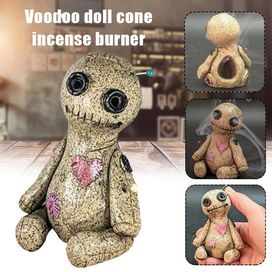 Handcrafted voodoo doll cone incense burner with smoke effect from eyes and mouth