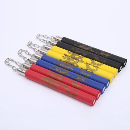 Red sponge nunchaku with EVA padding on 28cm sticks connected by 16cm iron chain for martial arts training