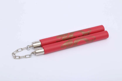 Red sponge nunchaku with EVA padding on 28cm sticks connected by 16cm iron chain for martial arts training