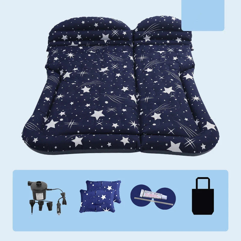 Premium inflatable car mattress with soft flocking material, compact folding design, and on-board electric pump for comfortable napping and relaxation during road trips and outdoor adventures.