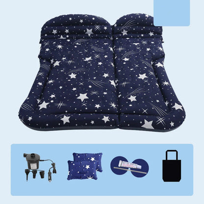 Premium inflatable car mattress with soft flocking material, compact folding design, and on-board electric pump for comfortable napping and relaxation during road trips and outdoor adventures.