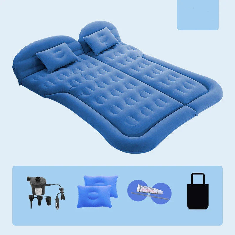 Premium inflatable car mattress with soft flocking material, compact folding design, and on-board electric pump for comfortable napping and relaxation during road trips and outdoor adventures.