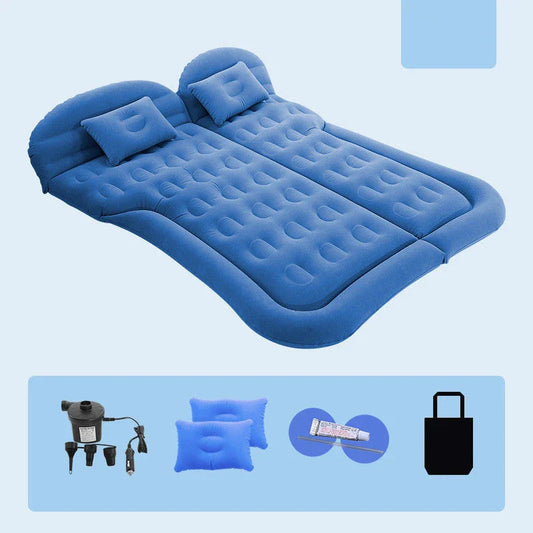 Premium inflatable car mattress with soft flocking material, compact folding design, and on-board electric pump for comfortable napping and relaxation during road trips and outdoor adventures.
