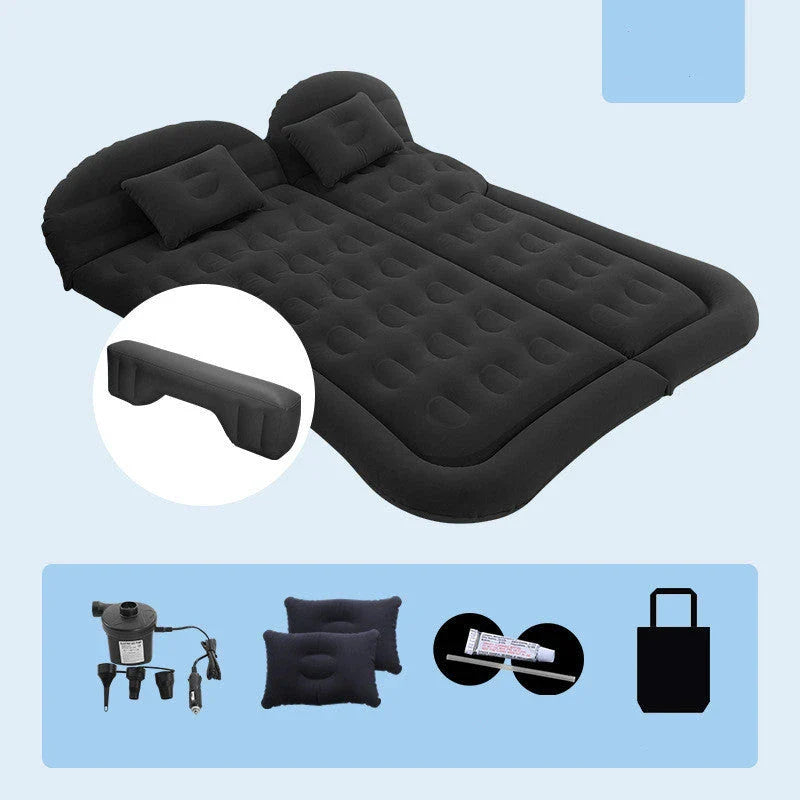 Premium inflatable car mattress with soft flocking material, compact folding design, and on-board electric pump for comfortable napping and relaxation during road trips and outdoor adventures.